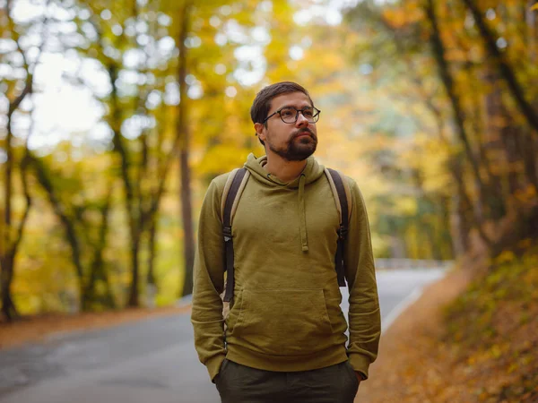 Young Handsome Man Posing Autumn Forest Road Young Hipster Guy Imagen De Stock