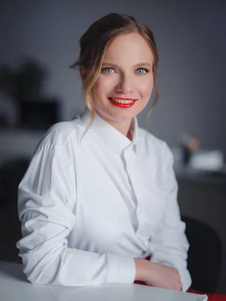 Business woman working in office. Online business, young professional in workplace. Portrait of attractive cheerful lady hr leader director real estate agency broker at work place station indoors