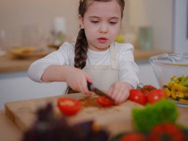 Genç Vlogger kız evde yemek pişirme hakkında sosyal medya videosu yapıyor, tripodla akıllı telefona bakıyor. Sağlıklı beslenmeyle ilgili bölüm. Çocukları erken yaşta sağlıklı beslenmeye çekme kavramı
