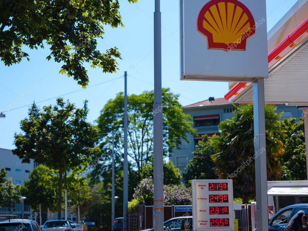 Basel, Switzerland - July 8 2022: Royal Dutch Shell Plc or Shell is an Anglo-Dutch multinational oil and gas company. It is the fourth largest company in the world in term of revenue in 2014.