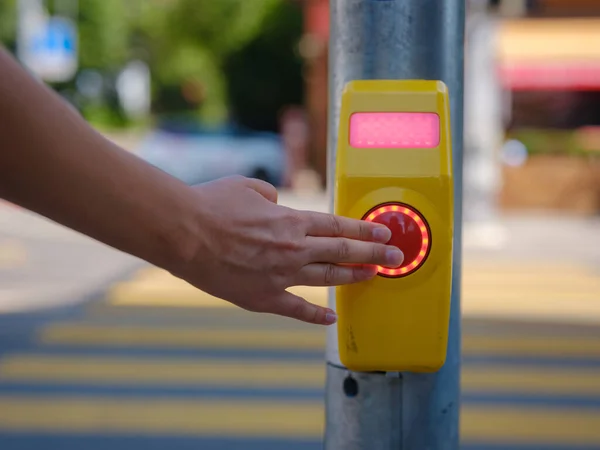 Close Crosswalk Signal Button Taken Pedestrian Controlled Crossing Hand Pushing Royalty Free Stock Images