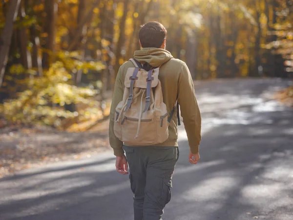 Young Handsome Man Posing Autumn Forest Young Hipster Guy Backpack Imágenes De Stock Sin Royalties Gratis