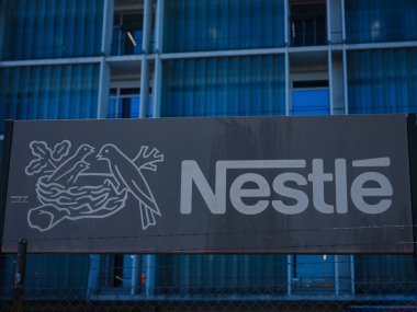 Basel, Switzerland - July 8 2022: Nestle sign Nestle S.A. is a Swiss transnational company founded in 1866 and the largest food company in the world.