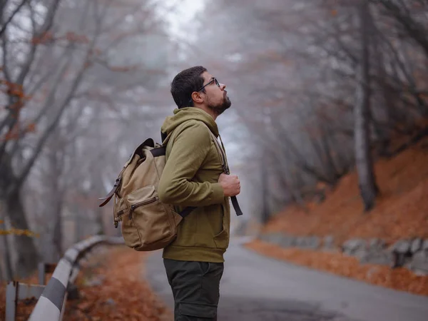 Young Handsome Man Posing Autumn Forest Road Young Hipster Guy Stock Image