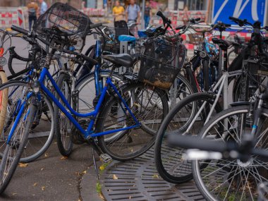 Basel, Switzerland - July 4 2022: public transport in the city. bicycle parking. the most environmentally friendly and healthy means of transportation