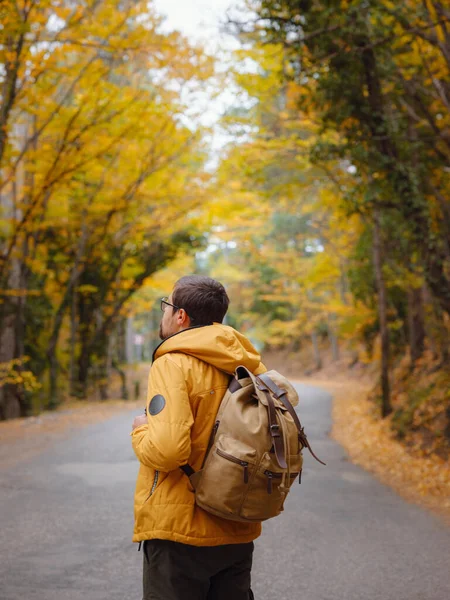 Genç yakışıklı adam sonbahar ormanında poz veriyor. Sırt çantalı genç hippi, ormanda duran gezgin, yürüyüş, orman, yolculuk, aktif sağlıklı yaşam tarzı, macera, tatil konsepti..