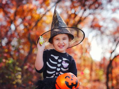Siyah kostümlü genç kız şeker toplamaya gidiyor. Küçük cadı, balkabağı fenerli çocuklar. Sonbahar ormanında elinde şeker kovası olan çocuklar. Mutlu Cadılar Bayramı.