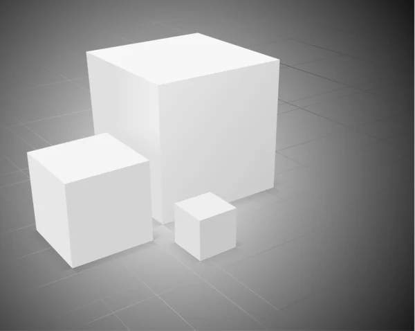 3D abstrakter Hintergrund, drei weiße Würfel auf grauem Hintergrund mit — Stockvektor