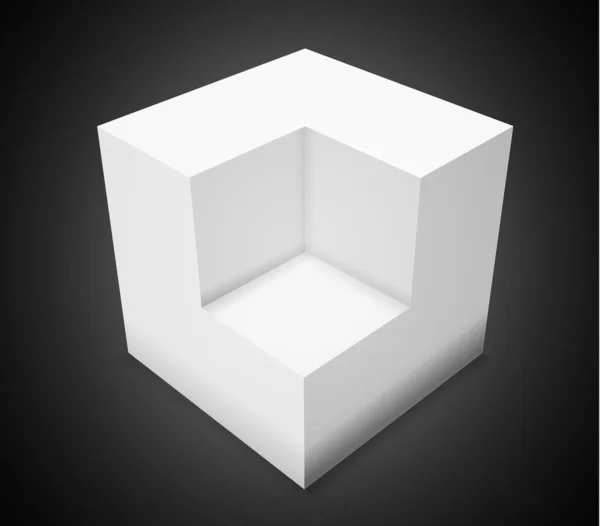 3D abstrakter Hintergrund, weißer Würfel auf schwarzem Hintergrund mit Gitter — Stockvektor