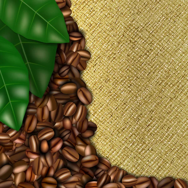 Burlap background with coffee beans and leaves — Stock Vector