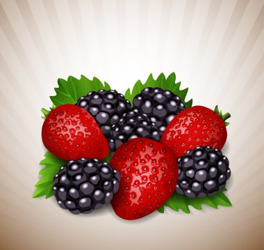 Strawberries and blackberry with leaves