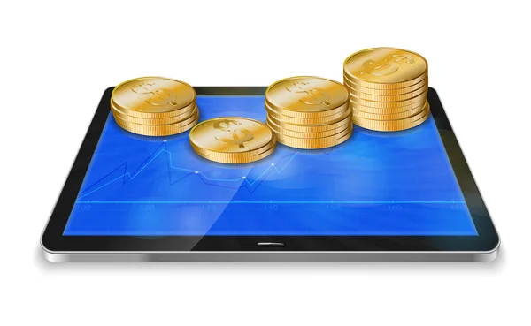 Pc tablet dengan grafik bisnis dan koin emas diisolasi dengan warna putih - Stok Vektor