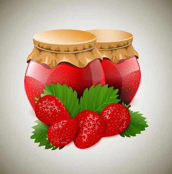 Två burk sylt med jordgubbar och blad — Stock vektor