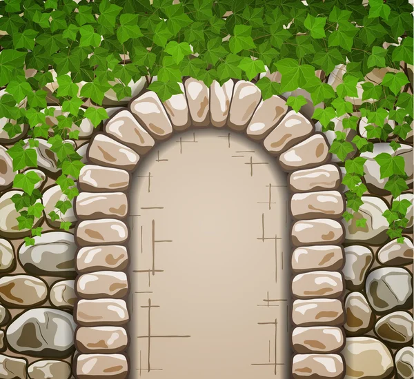Mur de pierre avec arche médiévale et feuilles — Image vectorielle