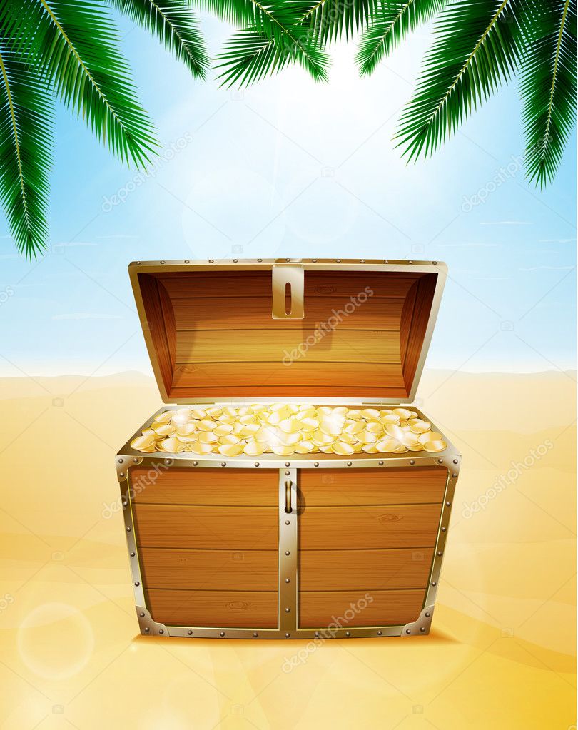 Treasure chest on a tropical beach with palm trees