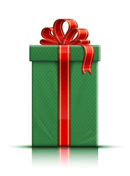 Coffret cadeau vert avec ruban de soie rouge et arc — Image vectorielle