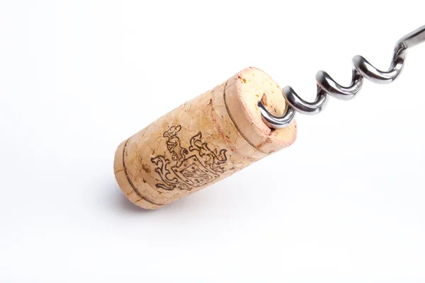 Cork with corkscrew on white background — Stock Photo, Image