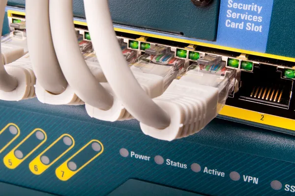 Netwerk schakelaar en patch kabels — Stockfoto