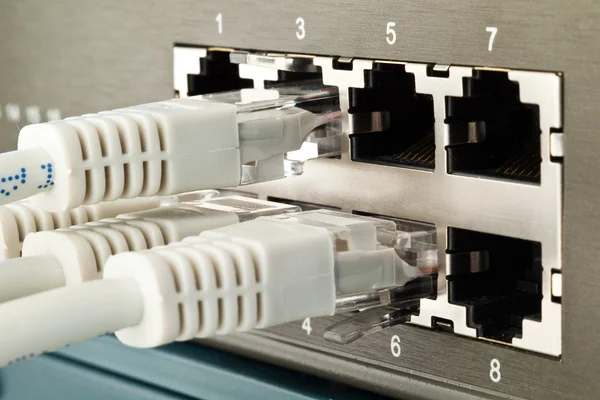网络交换机和修补程序电缆 — 图库照片