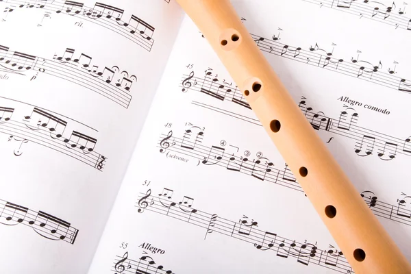Wooden flute on sheet music. Close up. — Stock Photo, Image