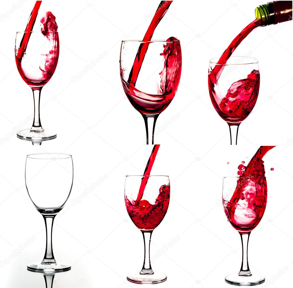 Red wine and wineglasses. Collage of wine shots. 27 megapixel.