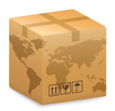 Vector illustration of Shipping Box with World Globe Map. International Shipping Concept.