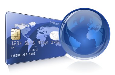 İnternet bankacılığı. Dünya haritalı ve Globe 'lu kredi kartı. Ödeme kavramı.