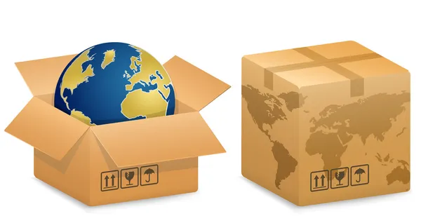 Ilustración vectorial de cajas de envío con World Globe Map. Concepto de envío internacional . — Vector de stock