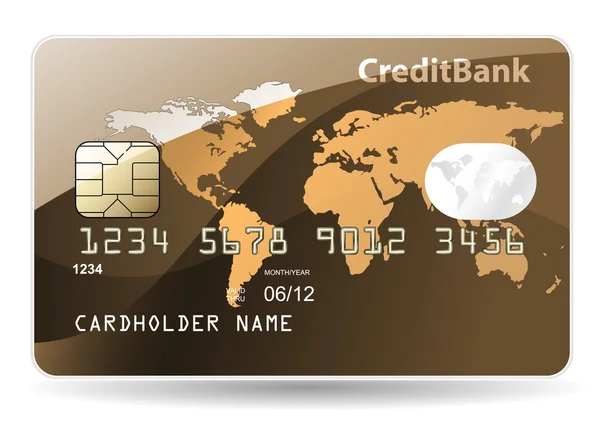 Cartão de crédito. Ilustração altamente detalhada do cartão de crédito com mapa do mundo, microplaqueta, dígitos gravados e holograma . —  Vetores de Stock
