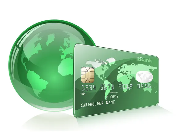 Internetbankieren. Creditcard met wereldkaart en Globe. Betalingsconcept. — Stockvector