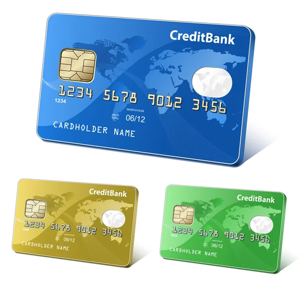 Kredit- eller betalkort kort med världskarta och reflektioner. betalning koncept. färgstark samling av kreditkort. mycket detaljerade vektor. — Stock vektor