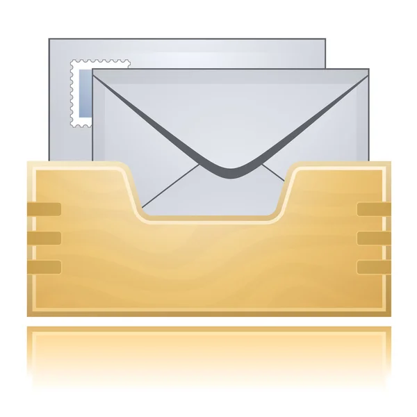 Houten correspondentie vak en mail enveloppen met reflectie — Stockvector