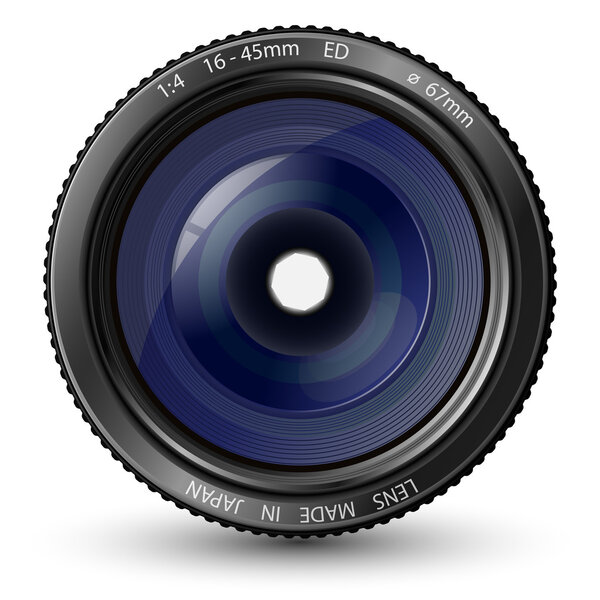 Векторная иллюстрация объектива камеры с реалистичными отражениями и тенью
