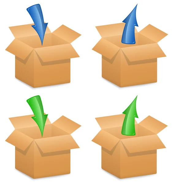 Ilustración vectorial de cajas de cartón con flechas direccionales — Vector de stock