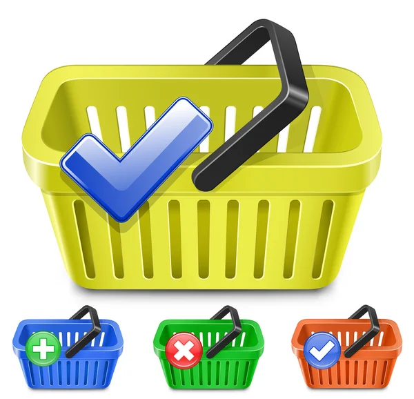 Online Internet Store Shopping cart. Set di cestini colorati con cartelli . — Vettoriale Stock