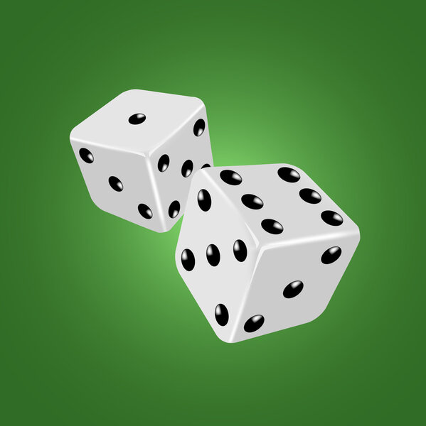 Two white dices on the green background