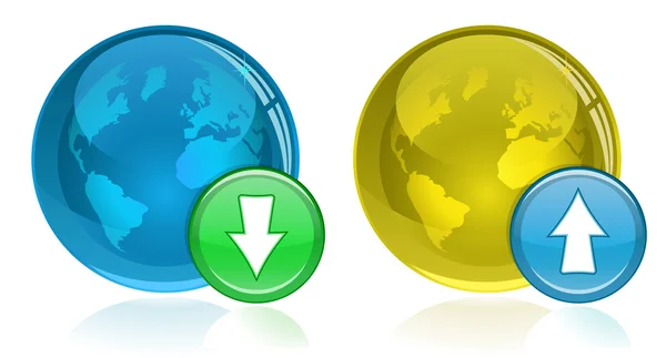 Glanzende globe en pijlen. downloaden en uploaden van pictogrammen. — Stockvector