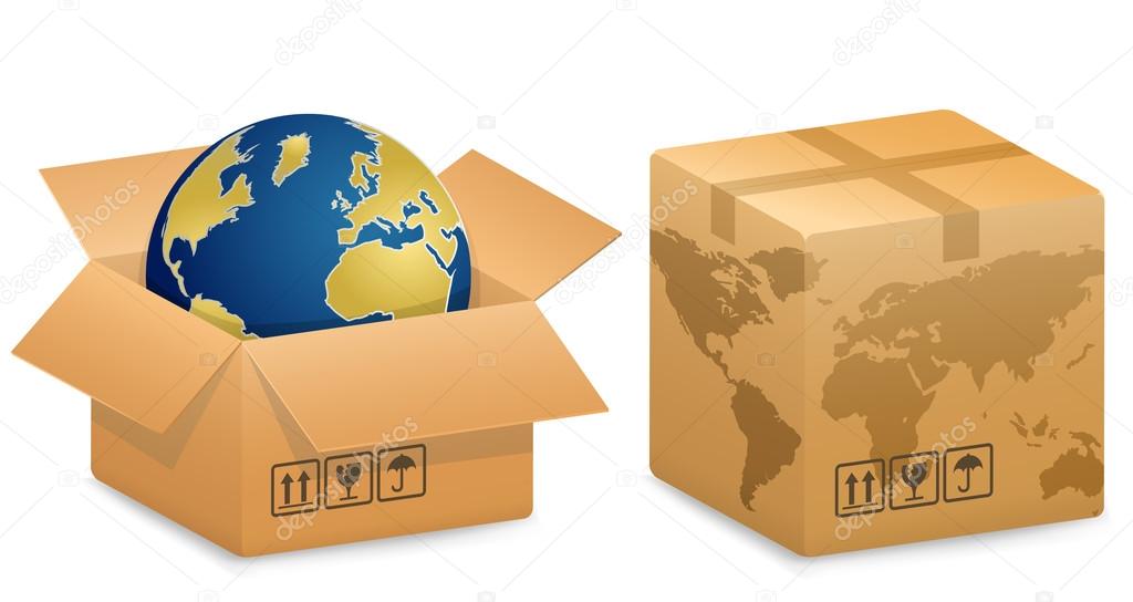 Vector illustration of Shipping Boxes with World Globe Map. International Shipping Concept.