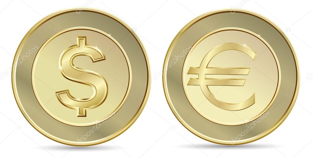 Gold coins. Dollar and euro.