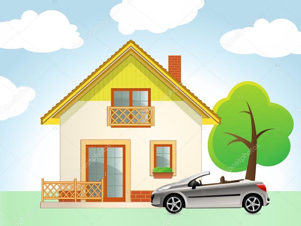 Highly detailed vector illustration of House with Car and Tree