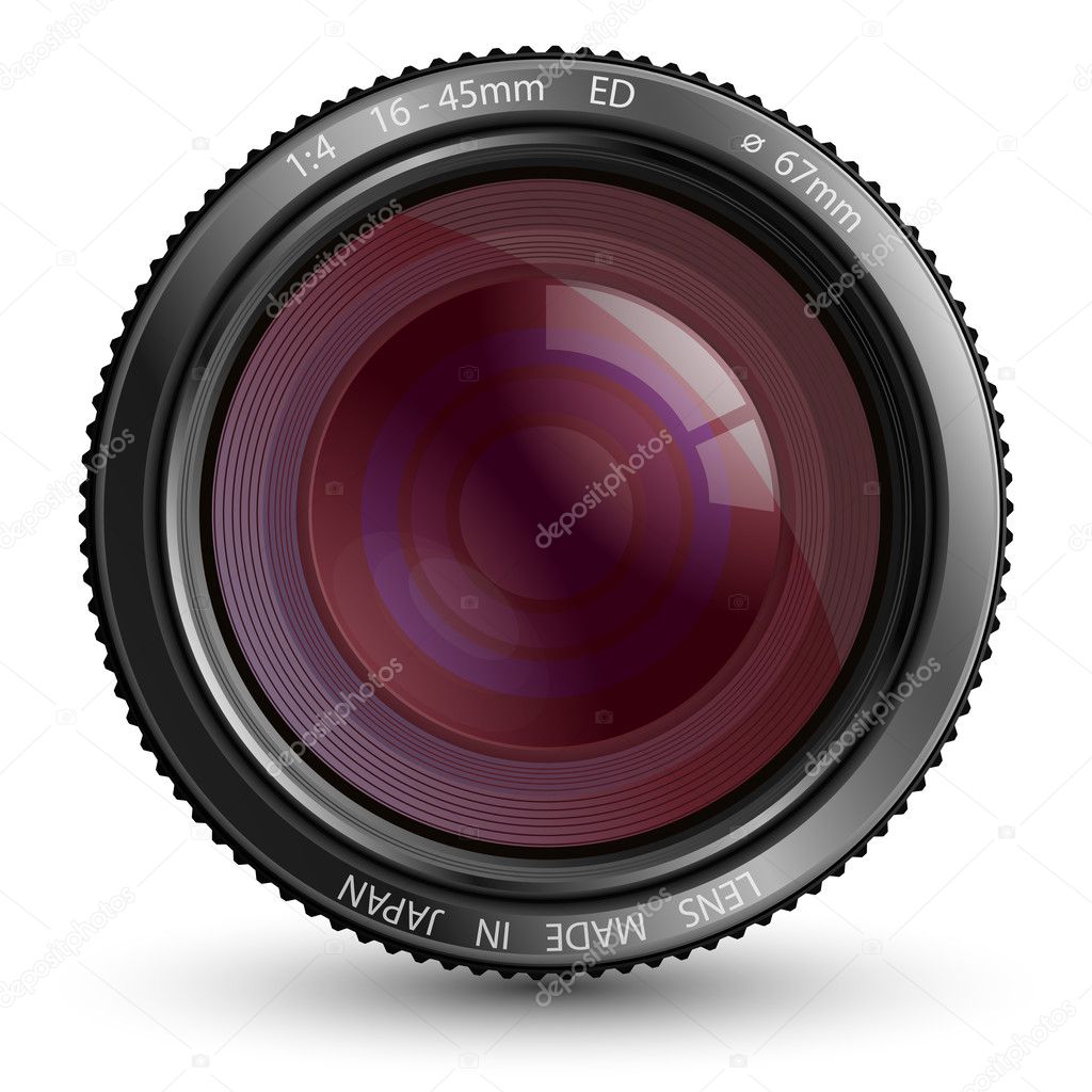 A camera lens vector illustration with realistic reflections and shadow