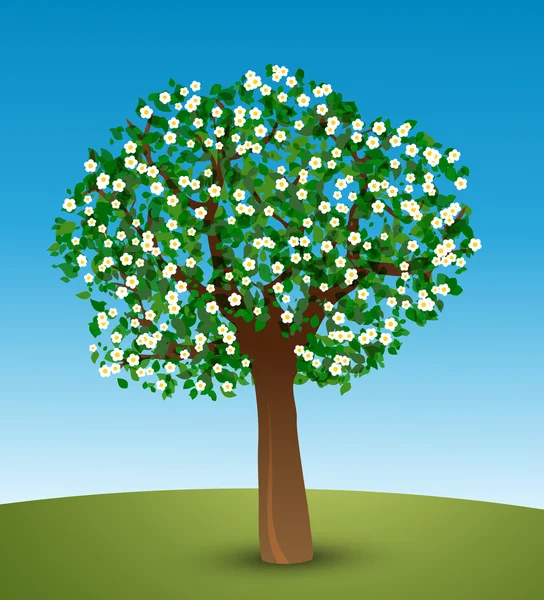 Árbol con hojas verdes y flores blancas — Vector de stock