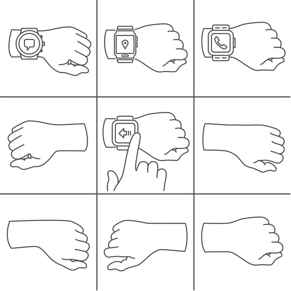 Manos con iconos de smartwatch — Vector de stock