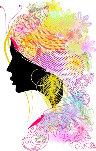 Ilustración de silueta de niña con pelo de flores — Vector de stock