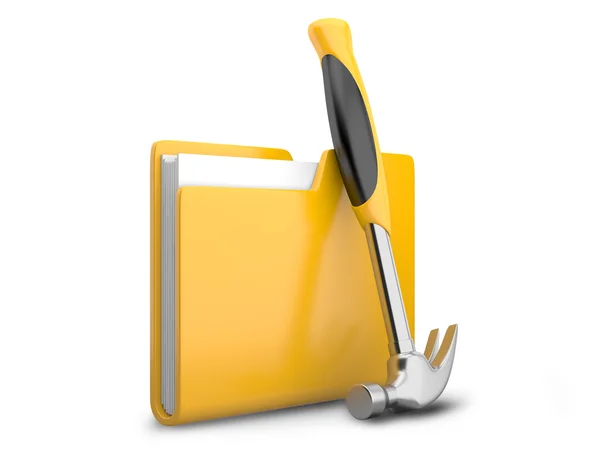 Yellow folder with hammer — Stock Photo, Image
