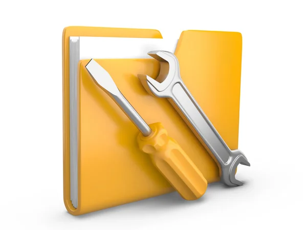 Yellow folder with wrench and screwdriver — Stock Photo, Image