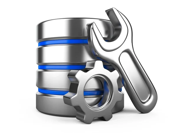 veritabanı dişli ve beyaz zemin üzerine somun anahtarı