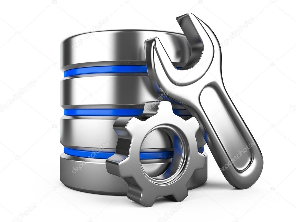 database with gear and spanner on white background