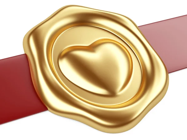 Gold seal with heart and red ribbon — Stock Photo, Image