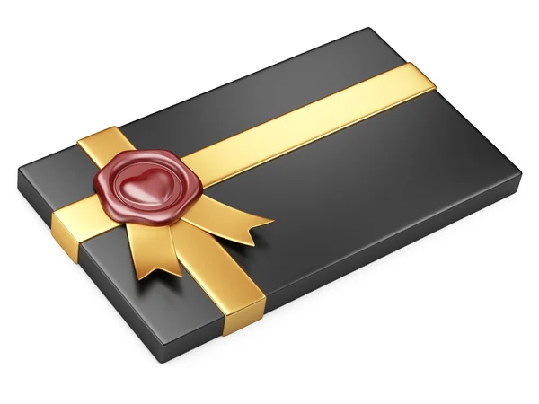 Black box with sealing wax and gold ribbon — Stock Photo, Image